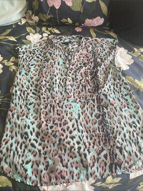 J. Crew Mint and Pink Leopard Print Cap-Sleeve Blouse